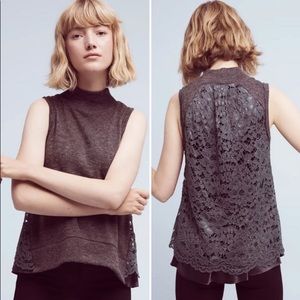 Moth Mock Turtleneck Sleeveless Gray Blouse with Lace Back
